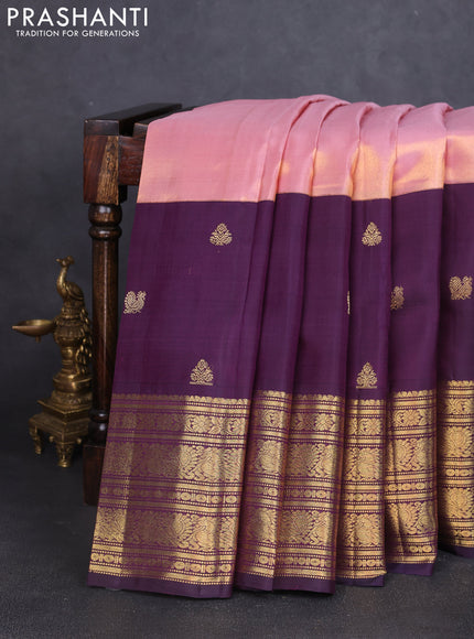 Pure tissue kanchipuram silk saree peach pink and jamun shade with plain body and long zari woven border