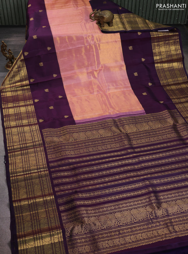 Pure tissue kanchipuram silk saree peach pink and jamun shade with plain body and long zari woven border
