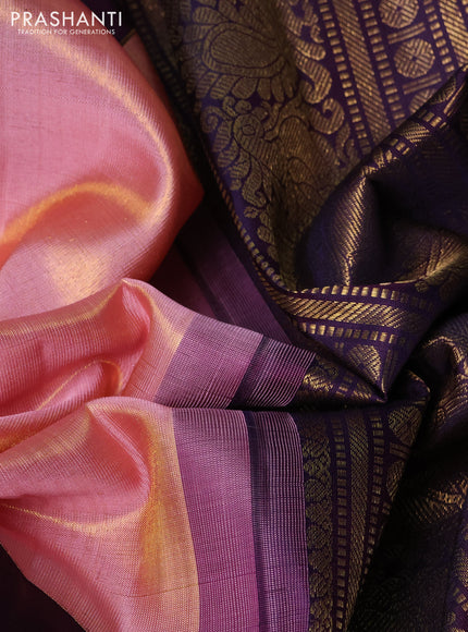 Pure tissue kanchipuram silk saree peach pink and jamun shade with plain body and long zari woven border
