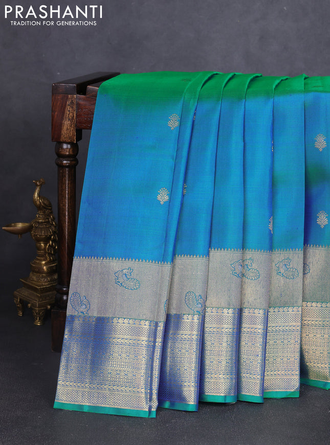 Pure kanchipuram silk saree dual shade of greenish blue with zari woven buttas and long zari woven border