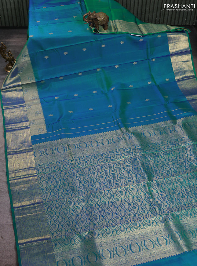 Pure kanchipuram silk saree dual shade of greenish blue with zari woven buttas and long zari woven border