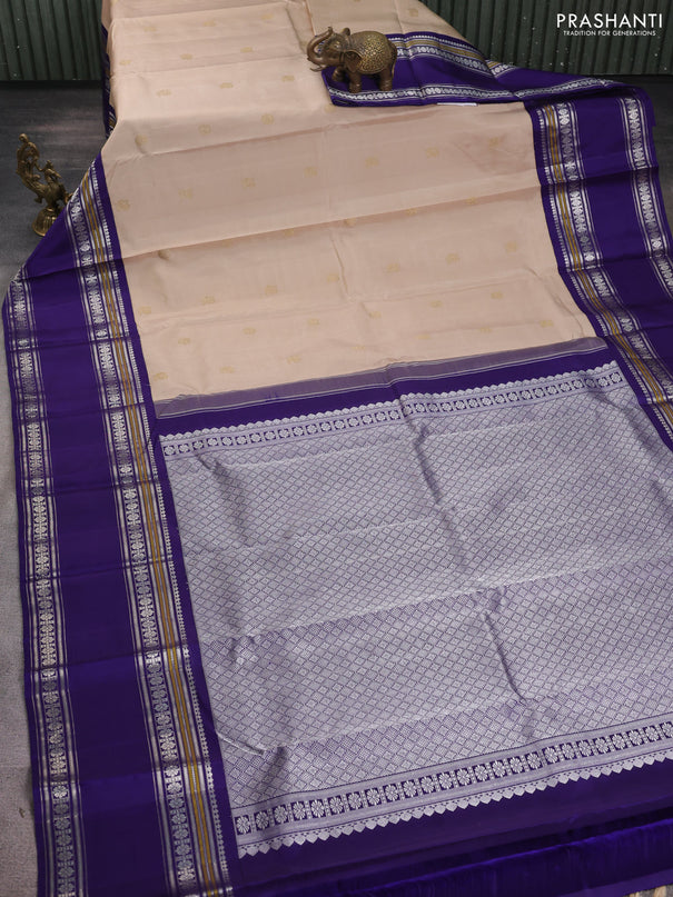 Pure kanchipuram silk saree beige and violet with annam & rudhraksha zari woven buttas and long rettapet zari woven border