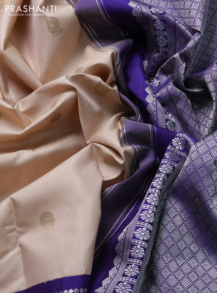 Pure kanchipuram silk saree beige and violet with annam & rudhraksha zari woven buttas and long rettapet zari woven border