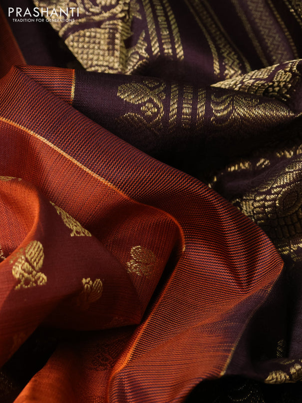 Pure kanchipuram silk saree rustic orange and coffee brown with allover zari woven buttas and long rich zari woven border