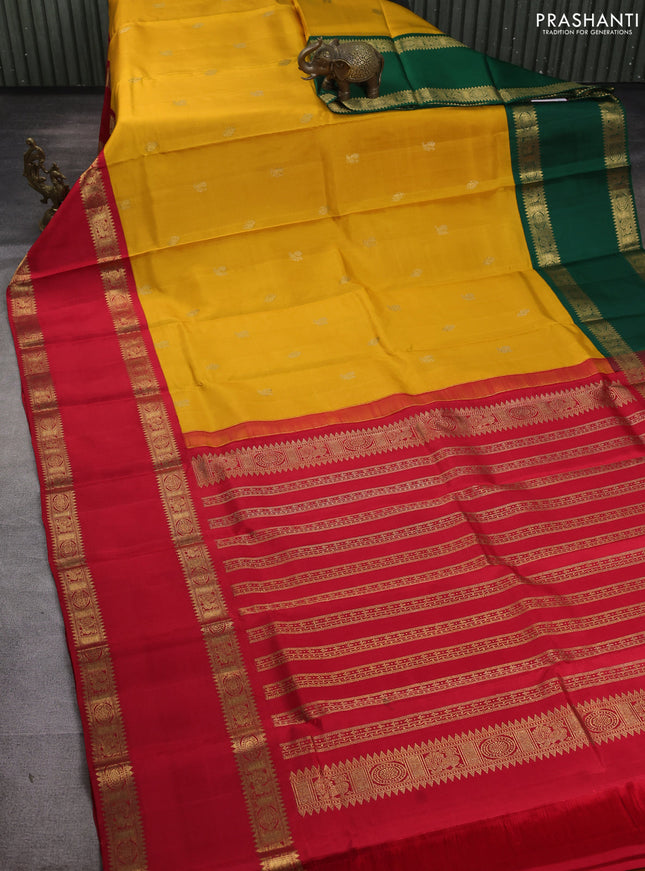 Pure kanchipuram silk saree mango yellow with annam & elephant zari woven buttas and ganga jamuna border