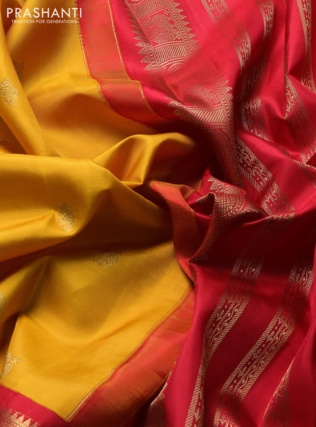 Pure kanchipuram silk saree mango yellow with annam & elephant zari woven buttas and ganga jamuna border