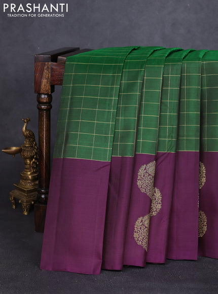 Pure kanchipuram silk saree green and purple with allover zari checked pattern and long zari woven butta border