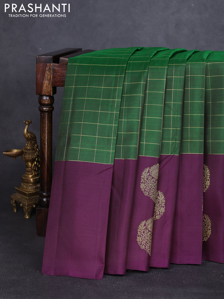 Pure kanchipuram silk saree green and purple with allover zari checked pattern and long zari woven butta border