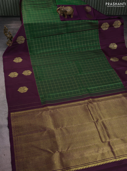 Pure kanchipuram silk saree green and purple with allover zari checked pattern and long zari woven butta border