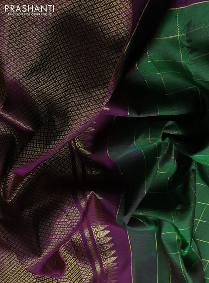 Pure kanchipuram silk saree green and purple with allover zari checked pattern and long zari woven butta border