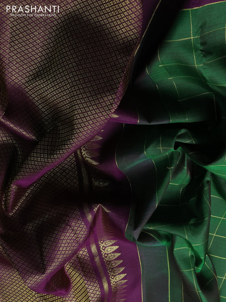 Pure kanchipuram silk saree green and purple with allover zari checked pattern and long zari woven butta border