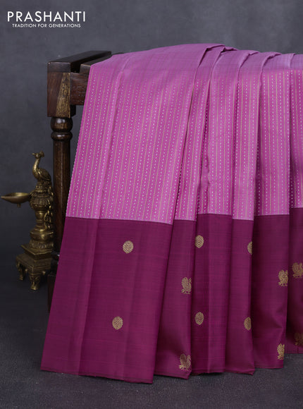 Pure kanchipuram silk saree pink and dark magenta pink with allover silver & gold zari weaves and long zari woven butta border