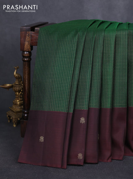 Pure kanchipuram silk saree bottle green and coffee brown with allover small zari checked pattern and zari woven butta border