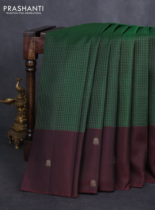 Pure kanchipuram silk saree bottle green and coffee brown with allover small zari checked pattern and zari woven butta border