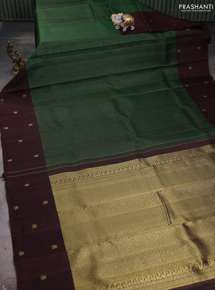 Pure kanchipuram silk saree bottle green and coffee brown with allover small zari checked pattern and zari woven butta border