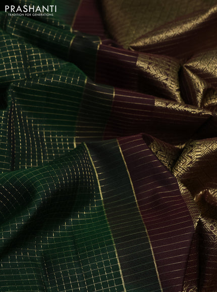 Pure kanchipuram silk saree bottle green and coffee brown with allover small zari checked pattern and zari woven butta border