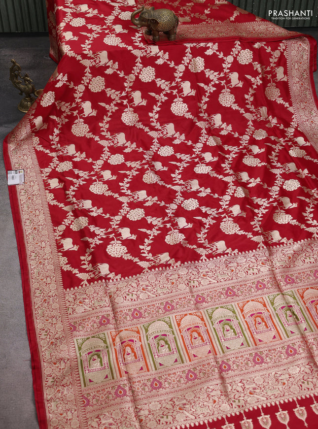 Banarasi uppada silk saree red with allover zari woven pichwai weaves and zari woven border