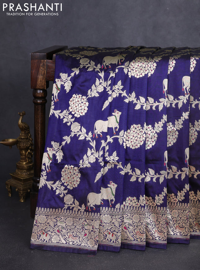 Banarasi uppada silk saree navy blue with allover zari woven pichwai weaves and zari woven border