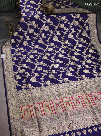 Banarasi uppada silk saree navy blue with allover zari woven pichwai weaves and zari woven border