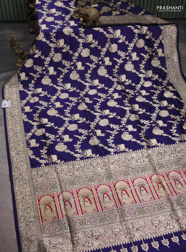 Banarasi uppada silk saree navy blue with allover zari woven pichwai weaves and zari woven border