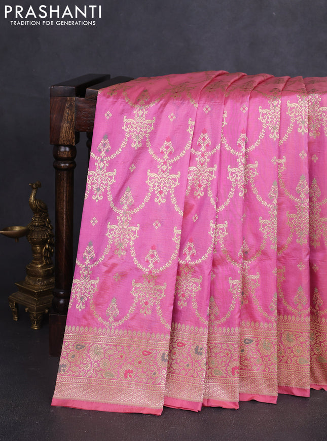 Banarasi uppada silk saree peach pink with allover zari woven brocade weaves and zari woven border