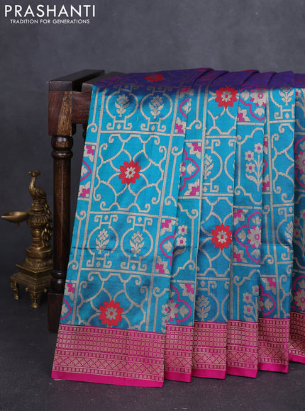 Banarasi uppada silk saree teal green and pink with zari weaves & buttas and zari woven border