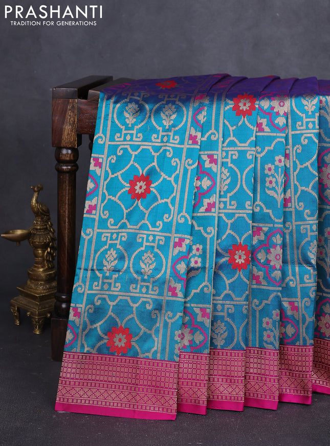 Banarasi uppada silk saree teal green and pink with zari weaves & buttas and zari woven border