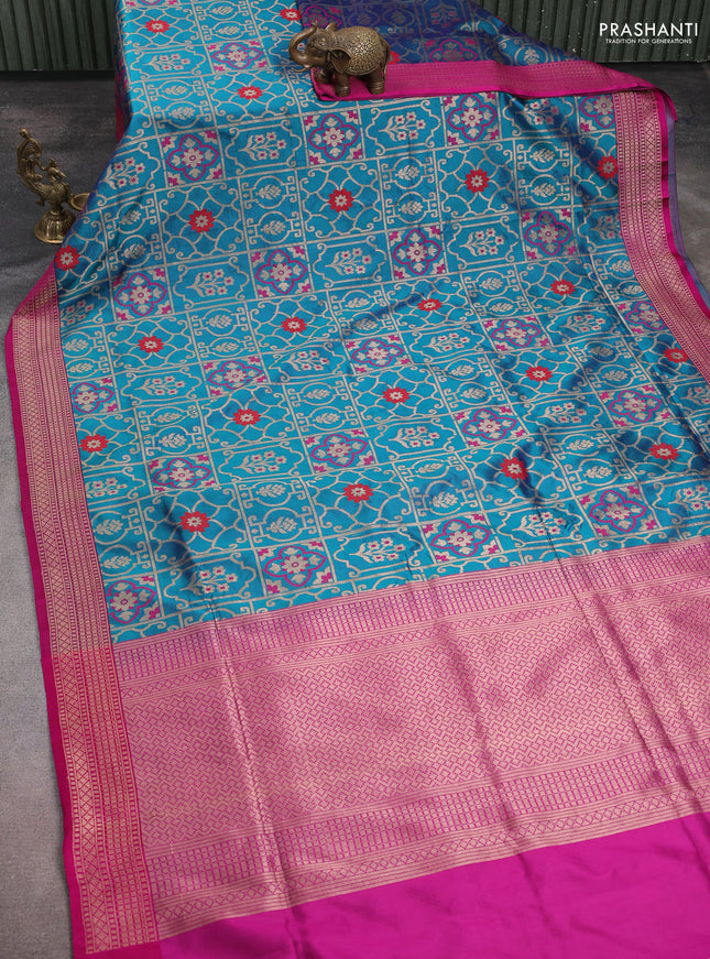 Banarasi uppada silk saree teal green and pink with zari weaves & buttas and zari woven border