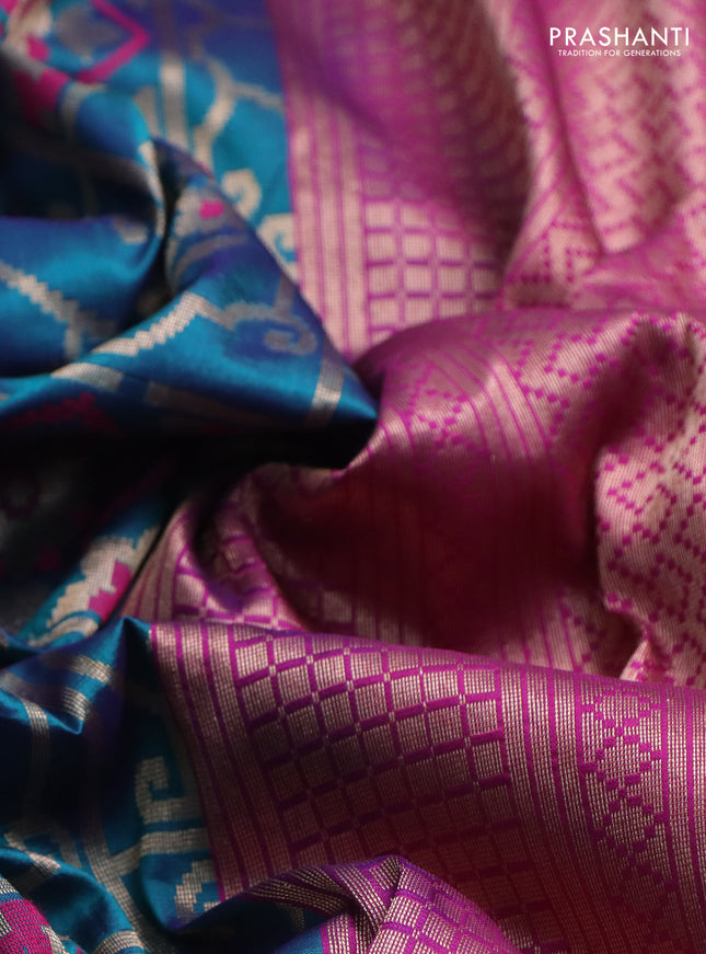Banarasi uppada silk saree teal green and pink with zari weaves & buttas and zari woven border