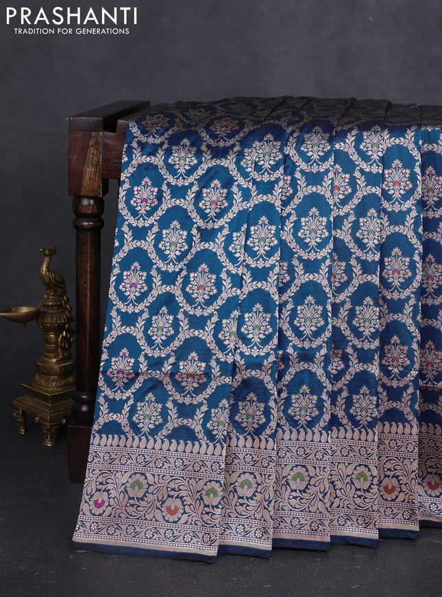Banarasi uppada silk saree blue with allover zari woven brocade weaves and zari woven border