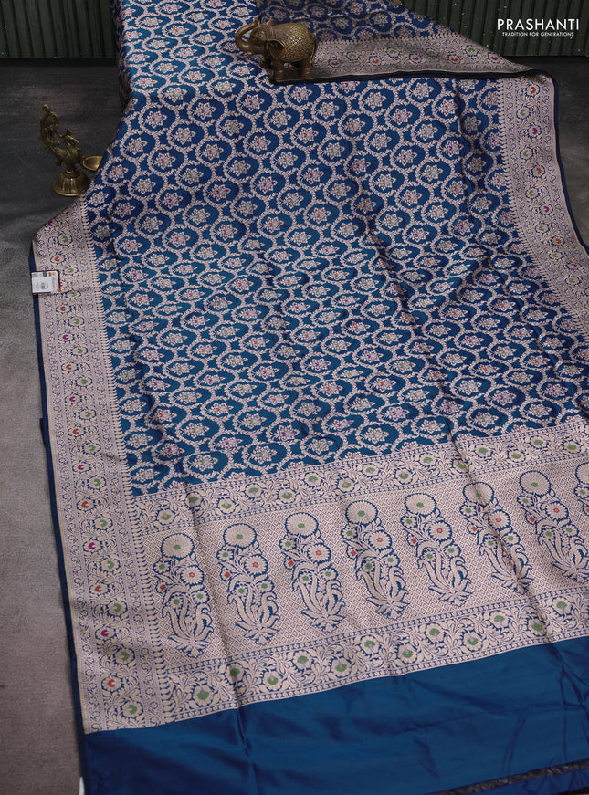 Banarasi uppada silk saree blue with allover zari woven brocade weaves and zari woven border