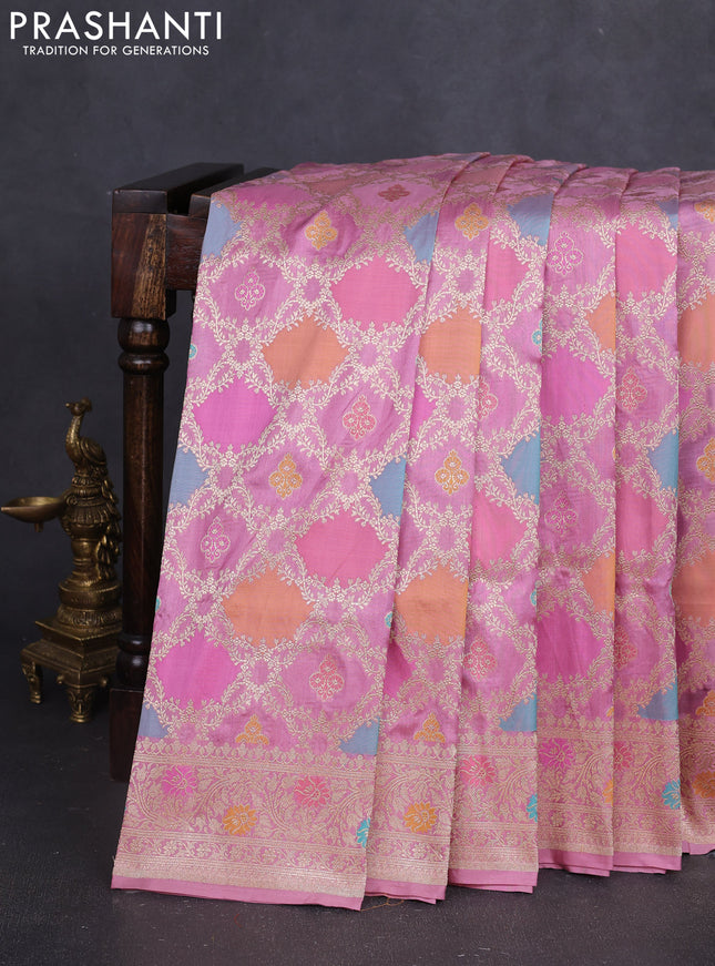 Banarasi uppada silk saree baby pink with allover zari woven brocade weaves and zari woven border