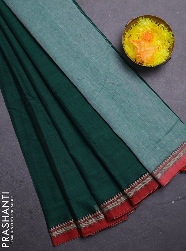 Narayanpet cotton saree bottle green and maroon with plain body and thread woven border