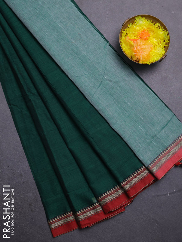 Narayanpet cotton saree bottle green and maroon with plain body and thread woven border