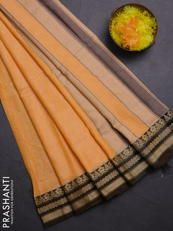 Narayanpet cotton saree pale orange and black with plain body and thread woven border
