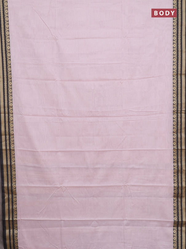 Narayanpet cotton saree baby pink and black with plain body and thread woven border