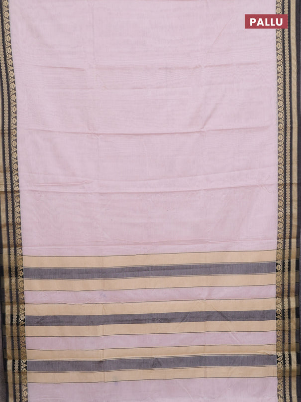 Narayanpet cotton saree baby pink and black with plain body and thread woven border