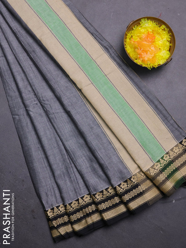 Narayanpet cotton saree grey and black with plain body and thread woven border