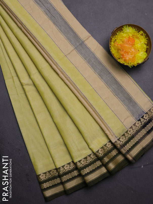 Narayanpet cotton saree pale yellow and green with plain body and thread woven border