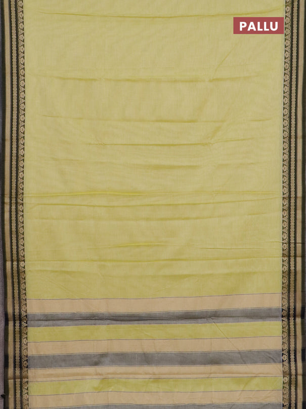 Narayanpet cotton saree pale yellow and green with plain body and thread woven border