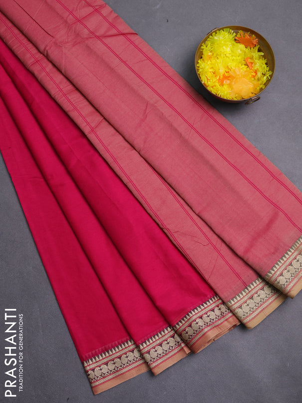 Narayanpet cotton saree pink and beige with plain body and thread woven border