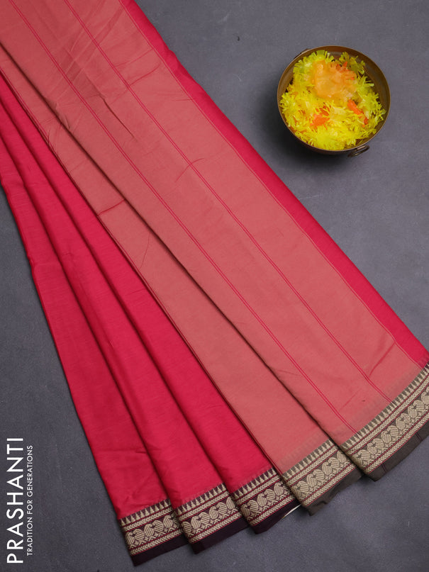 Narayanpet cotton saree pink and coffee brown with plain body and thread woven border