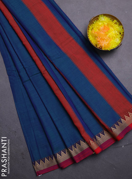 Narayanpet cotton saree dual shade of greenish blue and magenta pink with plain body and temple thread woven border