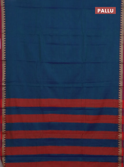 Narayanpet cotton saree dual shade of greenish blue and magenta pink with plain body and temple thread woven border