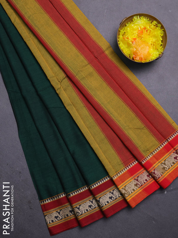 Narayanpet cotton saree bottle green and maroon with plain body and thread woven border