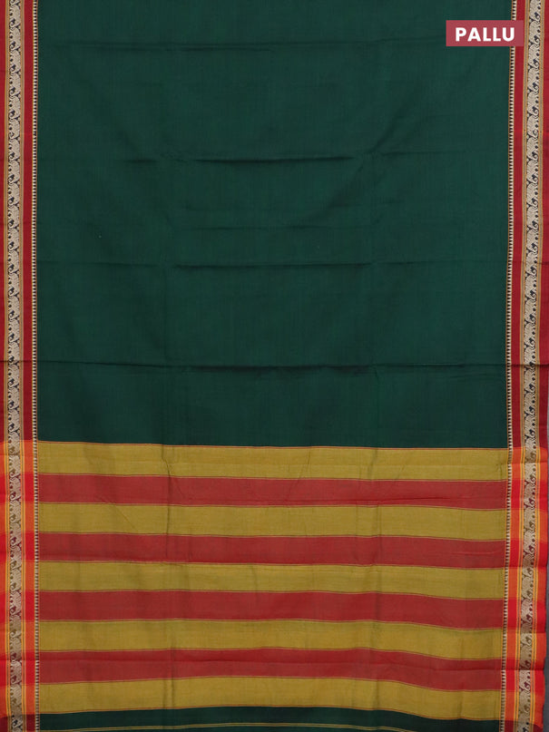 Narayanpet cotton saree bottle green and maroon with plain body and thread woven border