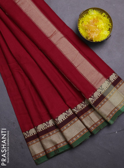 Narayanpet cotton saree red and green with plain body and thread woven border