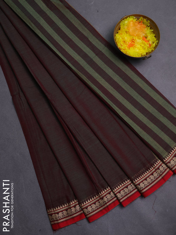 Narayanpet cotton saree dual shade of reddish green and red with plain body and thread woven border