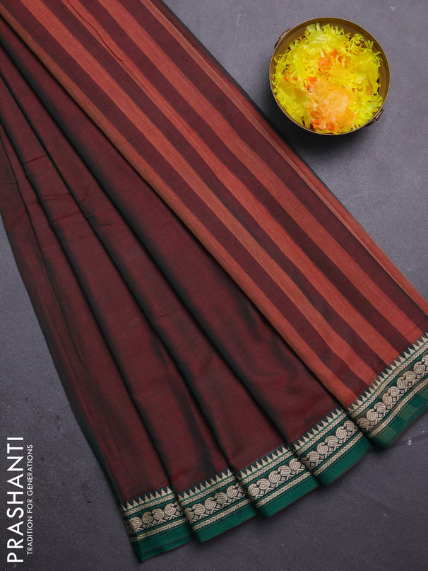 Narayanpet cotton saree dual shade of reddish green and green with plain body and thread woven border