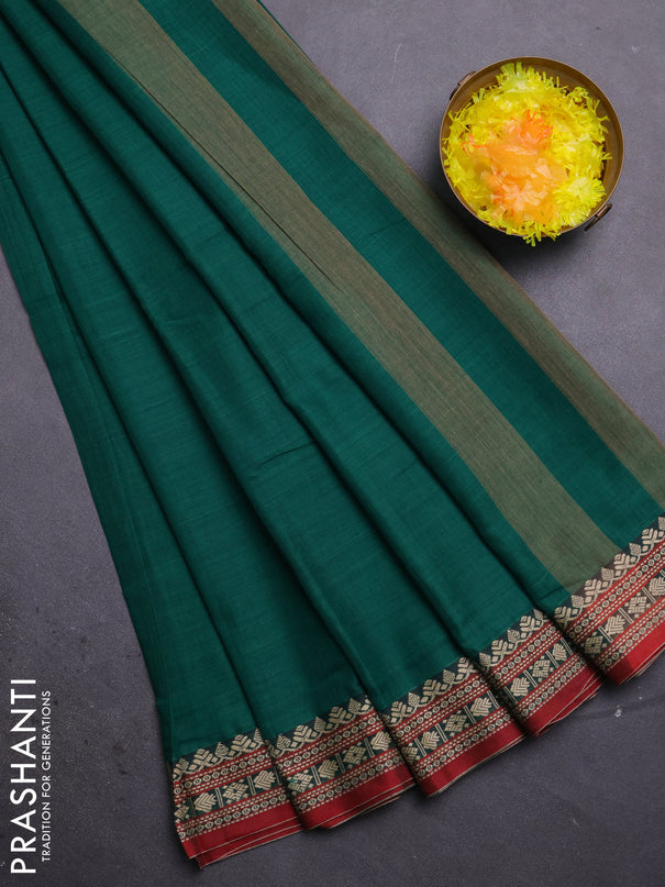 Narayanpet cotton saree green and maroon with plain body and thread woven border
